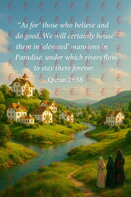 'As for' those who believe and do good, We will certainly house them in 'elevated' mansions in Paradise, under which rivers flow, to stay there forever. Quran 29:58