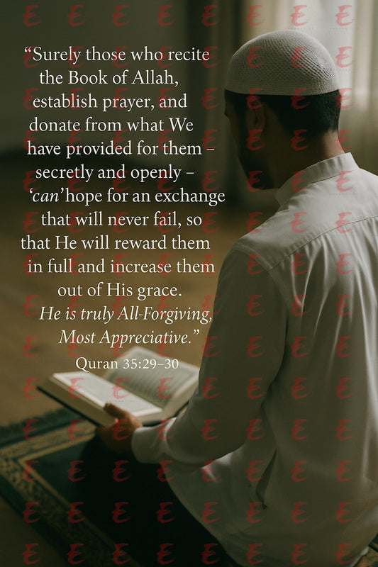 "Surely those who recite the Book of Allah, establish prayer, and donate from what We have provided for them... Quran 35:29-30