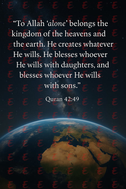 "To Allah 'alone' belongs the kingdom of the heavens and the earth. He creates whatever He wills. He blesses whoever He wills with daughters, and blesses whoever He wills with sons." Quran 42:49