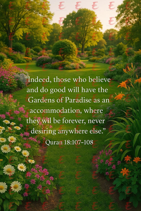 "Indeed, those who believe and do good will have the Gardens of Paradise as an accommodation, where they will be forever, never desiring anywhere else." Quran 18:107-108
