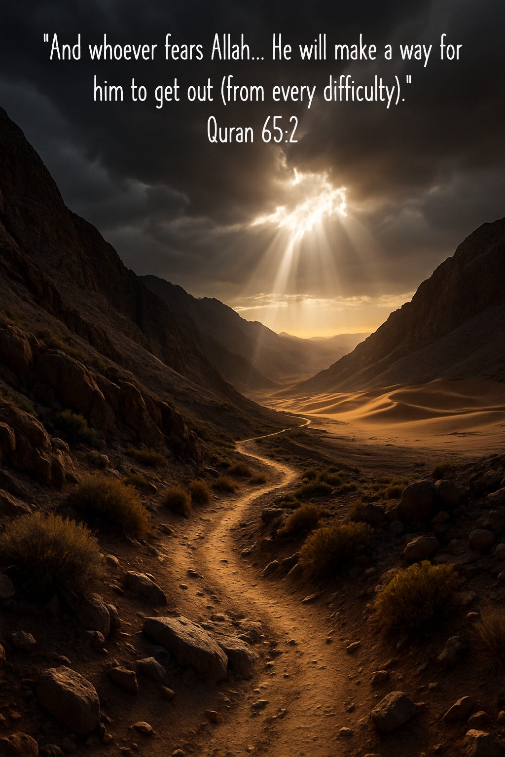 "And whoever fears Allah... He will make a way for him to get out (from every difficulty)."  Quran 65:2 - Islamic Wall Art