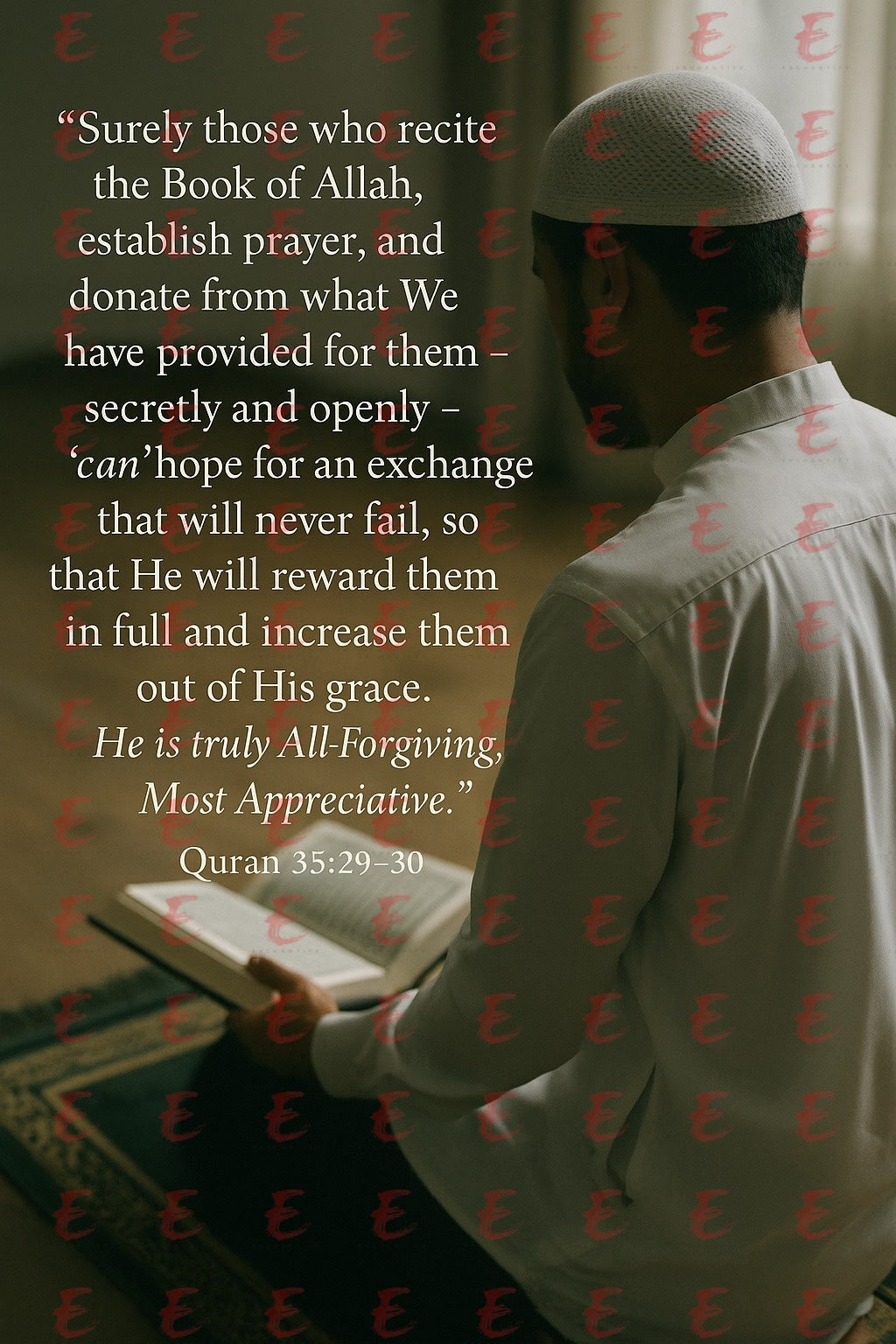 "Surely those who recite the Book of Allah, establish prayer, and donate from what We have provided for them... Quran 35:29-30